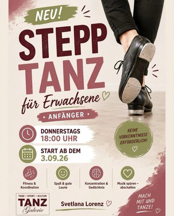 Plakat „Neu! Stepptanz für Erwachsene, Anfänger“